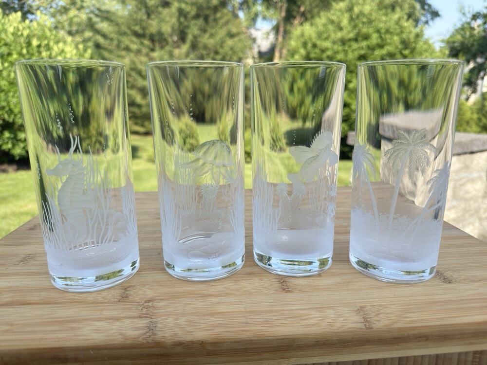 Vintage 2001 SPC Hungarian Crystal Hand-Etched Tropical Sea Life Highball ~4 Pc